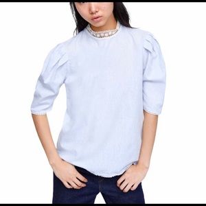 Zara baby blue crochet collar linen blouse medium